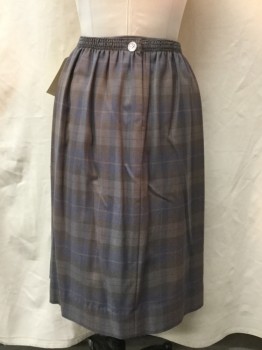 MTO, Dusty Lavender, Tobacco Brown, Gray, Polyester, Plaid, Pleated Front, Elastic Back Waistband, Button Back, Below Knee,