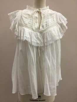 ULLA JOHNSON, White, Cotton, Silk, Solid, White with Ruffle Center Front and Bust, Lace Trim, Self Tie V-neck, Cap Sleeves, Sheer