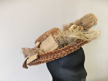 MTO, Salmon Pink, Tan Brown, Dusty Rose Pink, Straw, Feathers, Salmon Straw Woven Hat, Brim Larger In Front, Tan Feathers with Faux Flowers, Dusty Rose Diamond Woven Grosgrain Ribbon Hat Band,