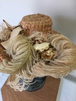 MTO, Salmon Pink, Tan Brown, Dusty Rose Pink, Straw, Feathers, Salmon Straw Woven Hat, Brim Larger In Front, Tan Feathers with Faux Flowers, Dusty Rose Diamond Woven Grosgrain Ribbon Hat Band,