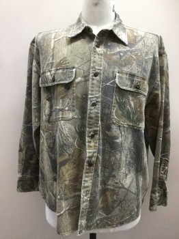 CABELAS, Brown, Tan Brown, Olive Green, Moss Green, Cotton, Hunting Camouflage, Button Front, Long Sleeves, Collar Attached, 2 Flap Pocket, Heavy Cotton, Aged/Distressed,