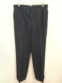 MTO, Black, Navy Blue, White, Wool, Stripes, Flat Front, Cuffed Hem, Button Fly,  Exterior Suspender Buttons, Self Tab Buckle Back,