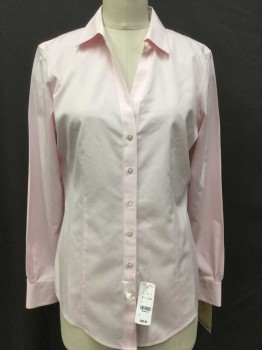 BROOKS BROTHERS, Pink, Cotton, Solid, BLOUSE:  Pink, White Inside Collar and Cuffs, Collar Attached V-neck,  Button Front, Long Sleeves,
