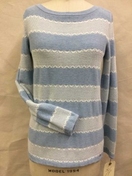 Womens, Pullover, TOMMY HILFIGER, Lt Blue, White, Cotton, Stripes - Horizontal , D, Bateau/Boat Neck, Lacy Looking Stripes, Long Sleeves,