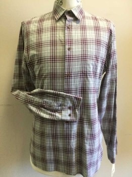 BANANA REPUBLIC, Aubergine Purple, Gray, Cotton, Plaid, Button Front, Collar Attached, Long Sleeves, 1 Pocket,