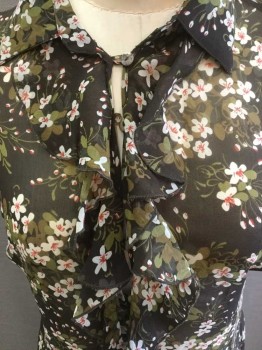 LAUNDRY, Dk Brown, White, Green, Pink, Silk, Floral, Short Sleeve with Ruffle/Button Closure, Collar Attached, Sheer, 1/2 Button Front with Ruffle, Zip Side