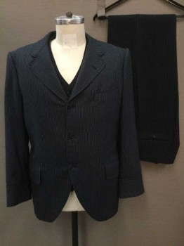MTO, Navy Blue, White, Wool, Stripes - Pin, Single Breasted, Clover Collar, Notched Rounded Lapel, 3 Buttons,  3 Pockets, Cuffed,