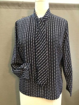 Womens, Blouse, HAWKSLEY & WRIGHT, Navy Blue, White, Purple, Polyester, Geometric, 18, Tiny Square Print. Self Tie Neckline, Long Sleeves, Button Front