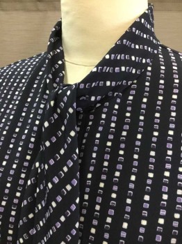 Womens, Blouse, HAWKSLEY & WRIGHT, Navy Blue, White, Purple, Polyester, Geometric, 18, Tiny Square Print. Self Tie Neckline, Long Sleeves, Button Front