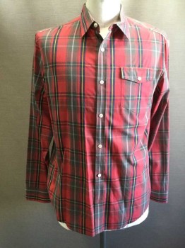PENGUIN, Red, Forest Green, Yellow, Navy Blue, Cotton, Polyester, Plaid, B.F., C.A., 1 Flap Pocket, L/S,