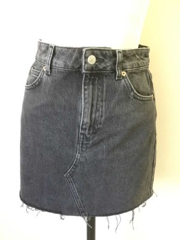 Womens, Skirt, Mini, TOPSHOP, Charcoal Gray, Cotton, Polyester, Solid, 4, Faded Black Denim, Cut Off Hem with Frayed Detail, Zip Fly, 5 Pockets