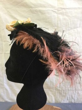 N/L, Black, Yellow, Coral Pink, Feathers, Rayon, Solid, All Feathers with a Big Flower Front,