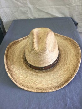 Mens, Cowboy Hat, ALAMO HAT, Tan Brown, Brown, 7 1/4, Aged Straw, Open Road with Leather Head Band with Brass Findings