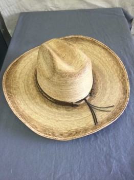 Mens, Cowboy Hat, ALAMO HAT, Tan Brown, Brown, 7 1/4, Aged Straw, Open Road with Leather Head Band with Brass Findings