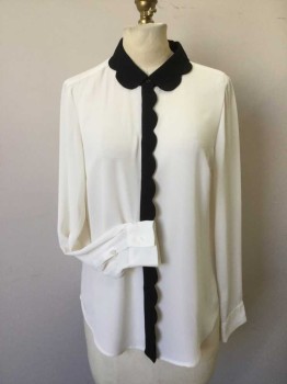 MAISON JULES, Cream, Black, Polyester, Solid, Polyester Crepe. Cream Blouse with Long Sleeves, & Black Scalloped Edge Collar and Hidden Button Placet Center Front,