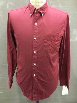 Mens, Casual Shirt, J CREW, Red, Cotton, Solid, M, Long Sleeves, Button Down Collar, 1 Pocket,