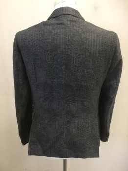 ETRO, Gray, Black, Linen, Cotton, Paisley/Swirls, Herringbone, Single Breasted, 2 Buttons,  3 Pockets, Notched Lapel,