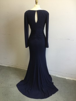 Womens, Evening Gown, MAXI BOUTIQUE, Navy Blue, Polyester, Lycra, Solid, B34, 4, W26, Poly Jersey., V. Neck, Long Sleeves, Twist Drape at Side Front. Self Ruffled Drape at Left Front with Left Leg Slit. Zipper Center Back, Small Train. Key Hole Opening at Center Back,