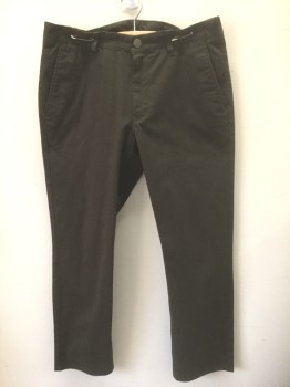 Mens, Casual Pants, BONOBOS, Dk Brown, Cotton, Solid, Ins:32, W:32, Twill, Flat Front, Zip Fly, 4 Pockets, Slim Straight Leg