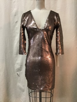Womens, Cocktail Dress, BB DAKOTA, Bronze Metallic, Synthetic, Sequins, Solid, XS, Bronze Sequins, V-neck, 3/4 Sleeves