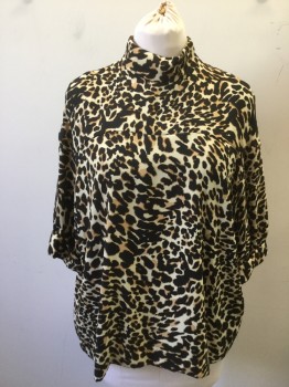 ZARA, Khaki Brown, Black, Lt Brown, Polyester, Animal Print, Short Sleeves, Loose Fitting Top with Collar Band. Invisible Zipper at Center Back,