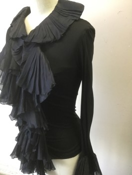 ROBERTO CAVALLI, Black, Cupro, Solid, Stretchy Sheer Material, Long Sleeves, V-neck with Voluminous Self Ruffle on Collar and Down Center Front, Hidden Tiny Snap Closures, Flared Ruffles at Cuffs, Fitted