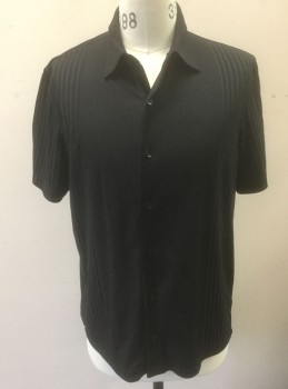 VIA EUROPA, Black, Polyester, Stripes - Vertical , Stretchy Material, Self Stripes, Short Sleeve Button Front, Collar Attached