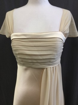 CINDERRELLA, Gold, Tan Brown, Silk, Polyester, Solid, Shimmer Gold with Sheer Tan  Cap Sleeves & Draping Front, Horizontal Pleat Detail Work Top Front & Back, Sheer Key Hole Back, Zip Back,