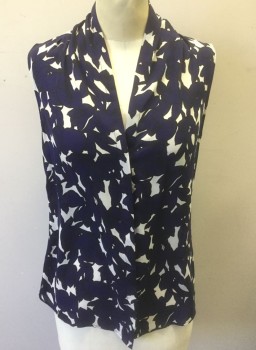 N/L, Indigo Blue, White, Black, Polyester, Floral, White with Indigo and Black Floral Pattern, Chiffon, Sleeveless, V-neck, Button Front, Pleat at Each Shoulder Seam