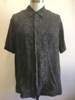 TASSO ELBA ISLAND, Black, Brown, White, Silk, Linen, Abstract , Black with Squares of Brown Lines with White Accents, Short Sleeve Button Front, Collar Attached, 1 Patch Pocket,  **Has Multiples