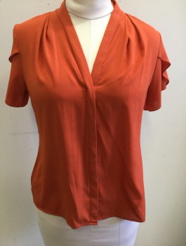 CALVIN KLEIN, Tomato Red, Polyester, Spandex, Solid, Crepe De Chine, Short Sleeves with Wrapped Detail, Button Front, V-neck, Pleats at Shoulder Seam at Either Side of Neckline