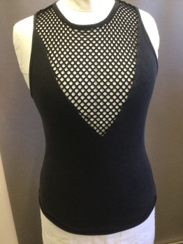FOREVER 21, Black, Cotton, Solid, Crew Neck, Sleeveless, Mesh V Inset Front and Back