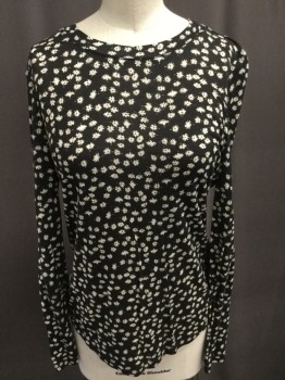 REBECCA TAYLOR, Black, White, Cotton, Floral, Crew Neck, Long Sleeves, Small White Daisy Print