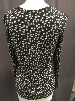 REBECCA TAYLOR, Black, White, Cotton, Floral, Crew Neck, Long Sleeves, Small White Daisy Print