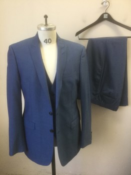 Mens, Suit, Jacket, CALVIN KLEIN, French Blue, Wool, Polyester, Solid, 40L, Single Breasted, Peaked Lapel, 2 Buttons, 3 Pockets, Hand Picked Stitching at Lapel, Black Lining