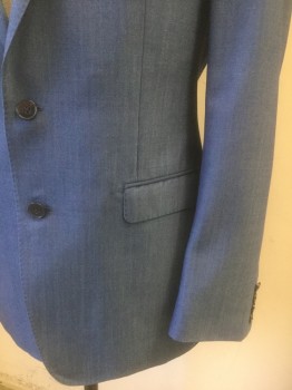 Mens, Suit, Jacket, CALVIN KLEIN, French Blue, Wool, Polyester, Solid, 40L, Single Breasted, Peaked Lapel, 2 Buttons, 3 Pockets, Hand Picked Stitching at Lapel, Black Lining