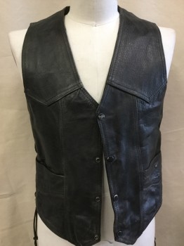 Mens, Leather Vest, PRO SPORTS LEATHER , Black, Faded Black, Leather, Poly/Cotton, Solid, XL, Black Cracked, Aged & Distressed, Faded Black Lining, V-neck, Black Snap Front, Yoke, 2 Pockets, Black Lacing on the Side, 2 Skull Facing Each Other with "BURNING BASTARDS" in the Back.