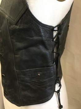Mens, Leather Vest, PRO SPORTS LEATHER , Black, Faded Black, Leather, Poly/Cotton, Solid, XL, Black Cracked, Aged & Distressed, Faded Black Lining, V-neck, Black Snap Front, Yoke, 2 Pockets, Black Lacing on the Side, 2 Skull Facing Each Other with "BURNING BASTARDS" in the Back.