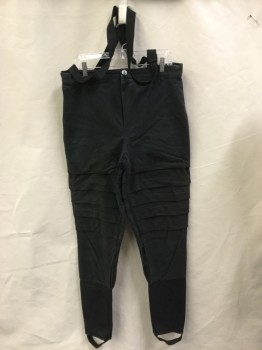 MTO, Black, Cotton, Polyester, Solid, Black, with Large Pleats Knee Area Front & Back, Black Spandex & Elastic Stirrup Hem, Black Suspender Attached (aged/distressed)