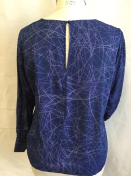PROLOGUE, Navy Blue, Purple, Gray, Polyester, Abstract , Sheer, Thin Trim Round Neck,  Long Sleeves, Key Hole Back with 1 Button