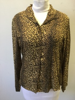 ANNE KLEIN, Brown, Black, Silk, Animal Print, Leopard Print, L/S, Button Front, Hidden Placket, Shawl Collar