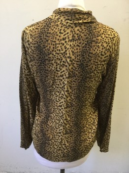 ANNE KLEIN, Brown, Black, Silk, Animal Print, Leopard Print, L/S, Button Front, Hidden Placket, Shawl Collar