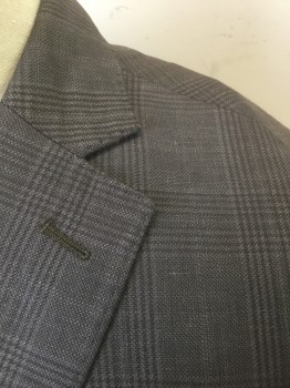 ELIE TAHARI, Brown, Dk Brown, Linen, Wool, Glen Plaid, Single Breasted, Notched Lapel, 2 Buttons, 3 Pockets, Solid Brown Lining