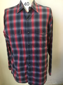 Mens, Western, PANHANDLE, Red, Charcoal Gray, Gray, Cotton, Plaid, L, Collar Attached, Black Button Snap Front, Long Sleeves, Collar Attached, Pocket Flaps