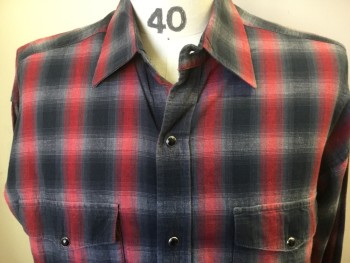 PANHANDLE, Red, Charcoal Gray, Gray, Cotton, Plaid, Collar Attached, Black Button Snap Front, Long Sleeves, Collar Attached, Pocket Flaps