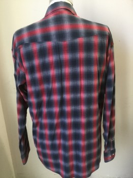PANHANDLE, Red, Charcoal Gray, Gray, Cotton, Plaid, Collar Attached, Black Button Snap Front, Long Sleeves, Collar Attached, Pocket Flaps
