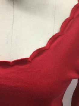 N/L, Red, Cotton, Solid, Jersey, 3/4 Sleeves with Scallopped Edge Scoop Neck and Scallopped Edge on Cuffs, Fitted Tee