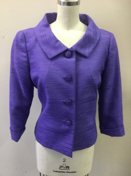 TAHARI, Orchid Purple, Polyester, Solid, Single Breasted, 4 Buttons, 3/4 Sleeves, Open Collar, Slub Texture