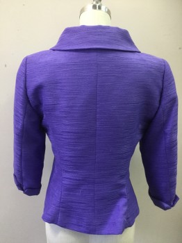 Womens, Suit, Jacket, TAHARI, Orchid Purple, Polyester, Solid, 4, Single Breasted, 4 Buttons, 3/4 Sleeves, Open Collar, Slub Texture