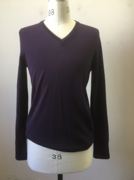 THEORY, Plum Purple, Wool, Solid, V-neck, Long Sleeves